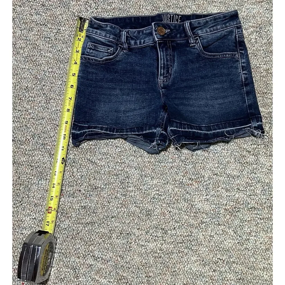 Justice Girls Denim Dark Blue Jean Shorts Size 12 Rolled Cuff Faded